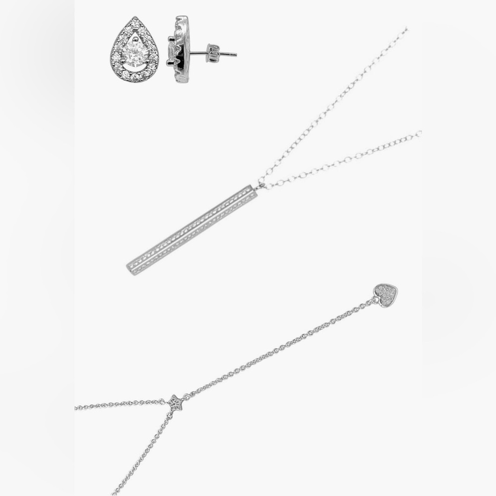 Adornia Lariat Necklaces & Halo Teardrop Stud Earrings Set - NWT